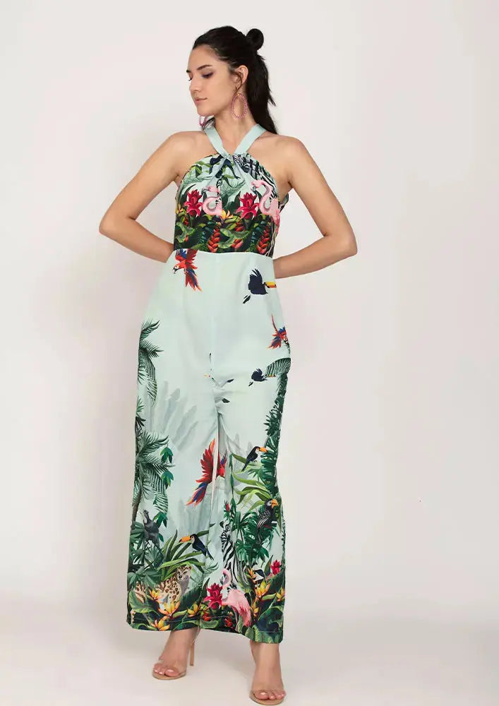 Jungle Print Crepe Halterneck Design Wide Leg Jumpsuit IKI CHIC Private Ltd