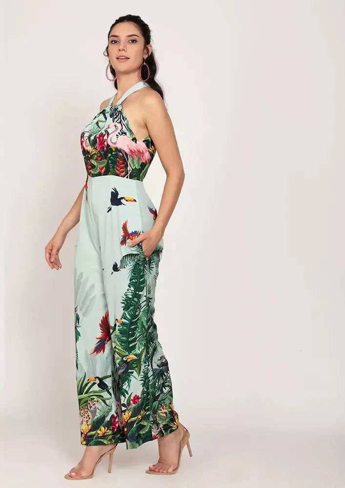 Jungle Print Crepe Halterneck Design Wide Leg Jumpsuit IKI CHIC Private Ltd