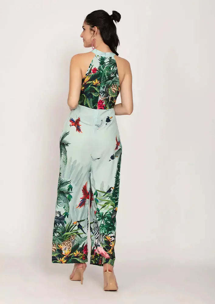 Jungle Print Crepe Halterneck Design Wide Leg Jumpsuit IKI CHIC Private Ltd