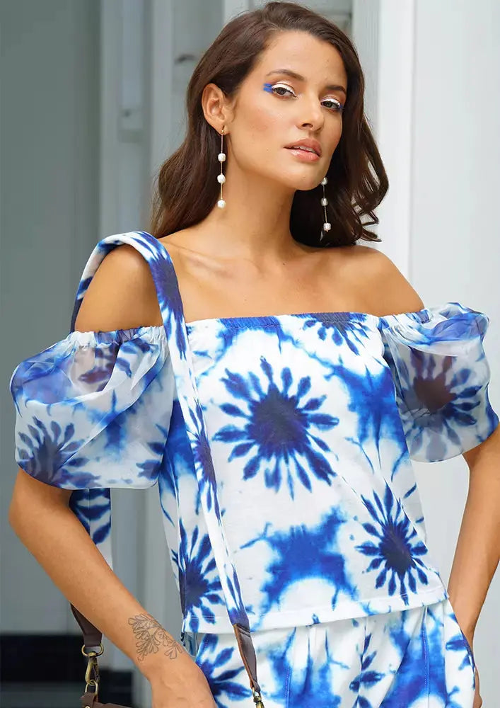 Splash Print Off Shoulder Puff Sleeves Top And Wide Leg Pants Set