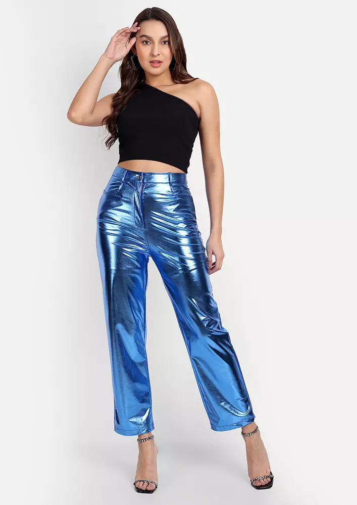 Blue Metallic Faux Leather High Waist Trousers