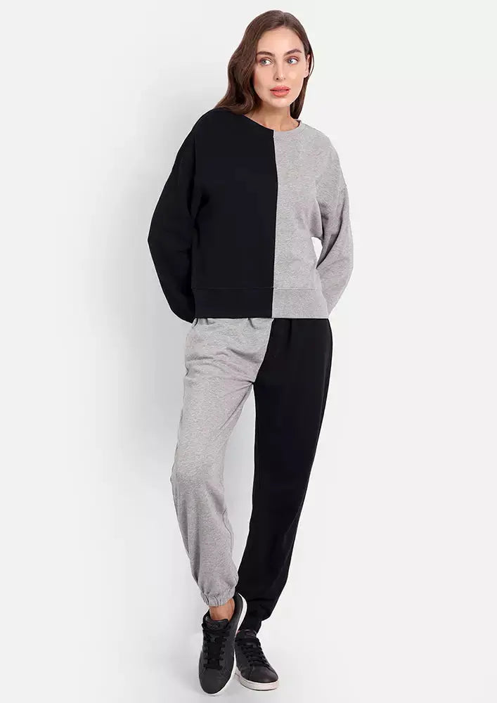 Black- Grey Round Neck Colourblocked Jogger Set IKI CHIC