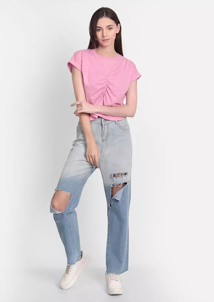 Pink Front Gathered Short Sleeve Top