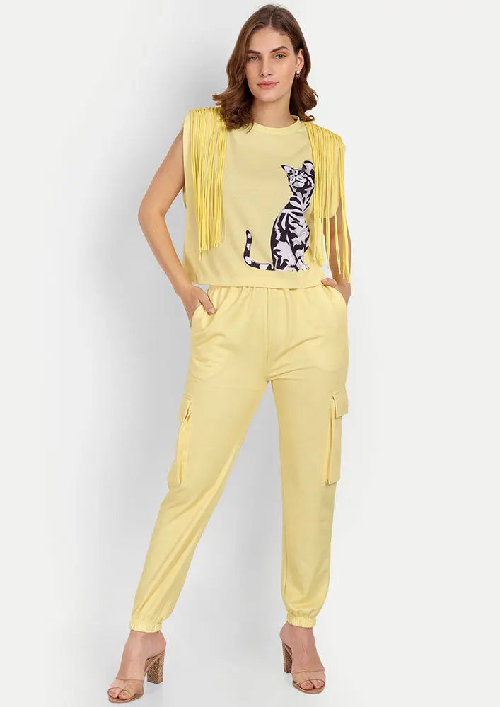 Yellow Cat Print Sleeveless Top With Cargo Joggers Set IKI CHIC Private Ltd