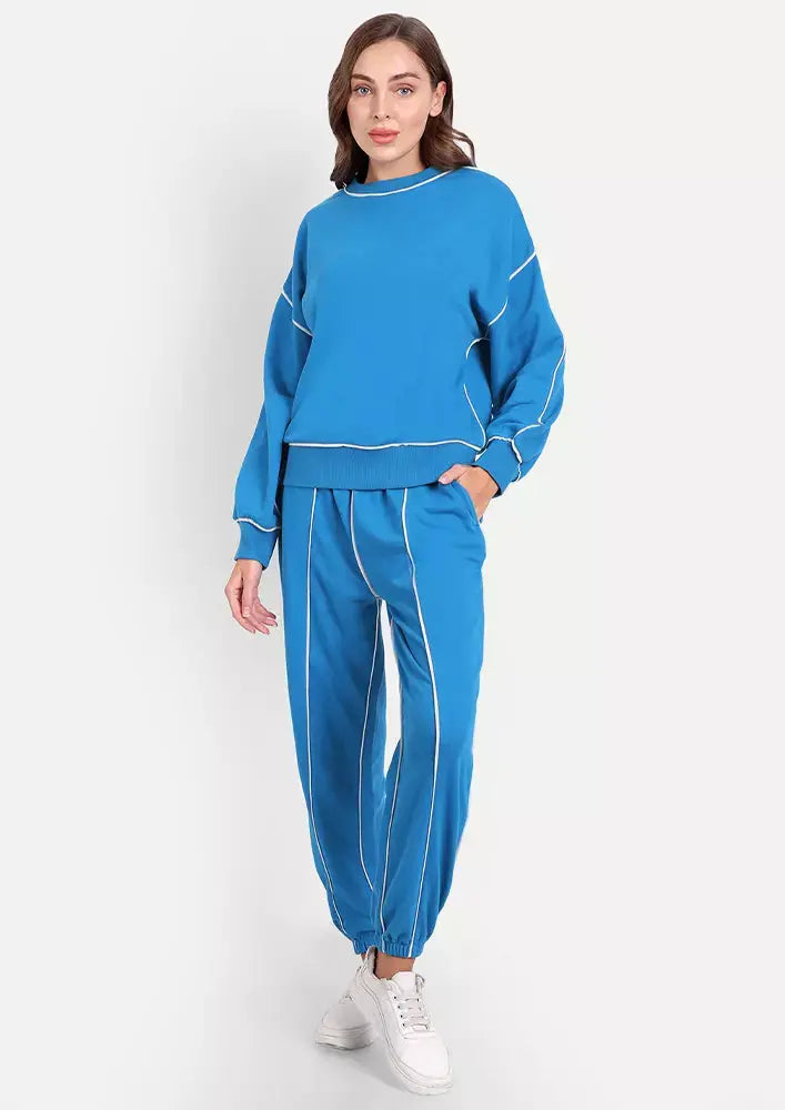 Light Blue Crew Neck Contrast Detail Oversized Joggers Set IKI CHIC