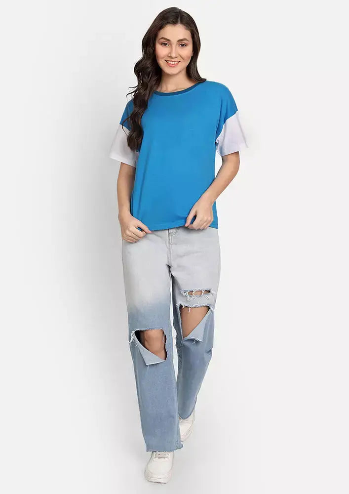 Blue Colourblock Short Sleeve T-Shirt IKI CHIC