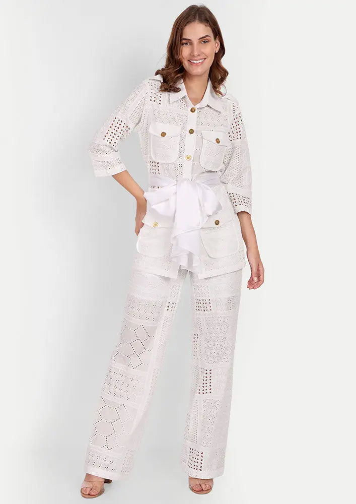 White Schiffli Lace Front Button Up Shirt And High Waisted Lace Pants IKI CHIC Private Ltd