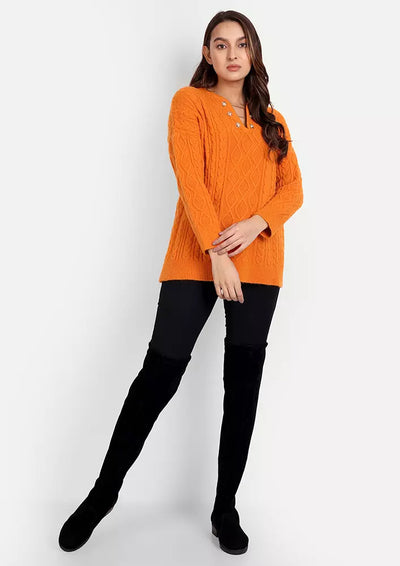 Orange Oversized Cable Knit Sweater With Chain Detailing