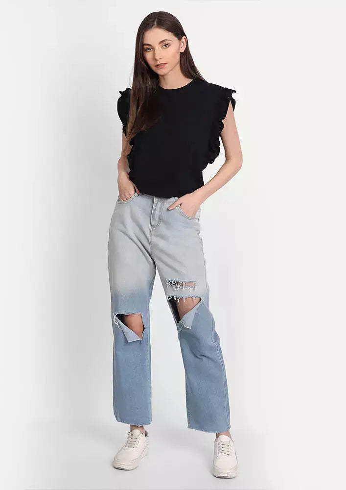 Black Ruffle Cap Sleeve Top IKI CHIC Private Ltd