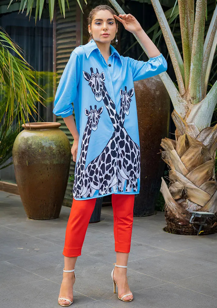 Giraffe Print Oversized Shirt With Orange Red Straight Pants Set IKI CHIC Private Ltd