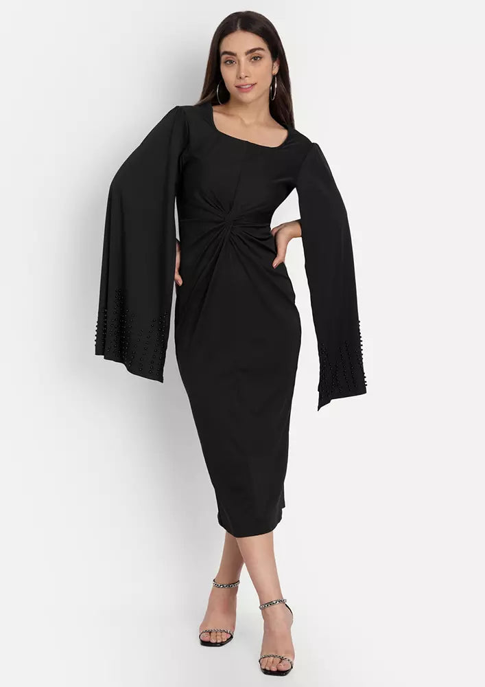 Black Twist Detail Cape Sleeve Bodycon Dress