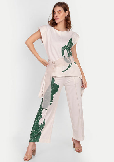 Off-white Floral Print Asymmetric Top And Wide Leg Pants