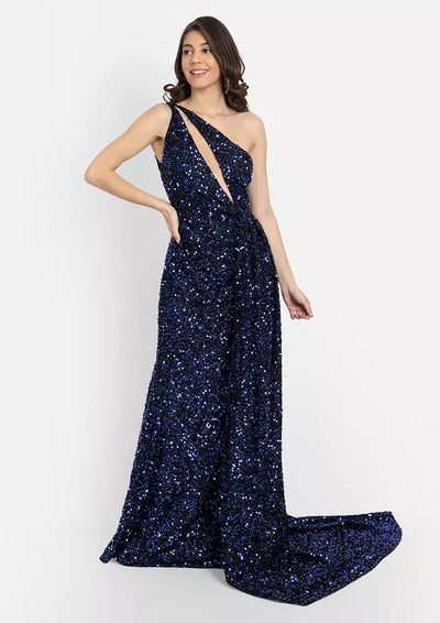 Navy Blue Sequin One Shoulder Long Split Gown