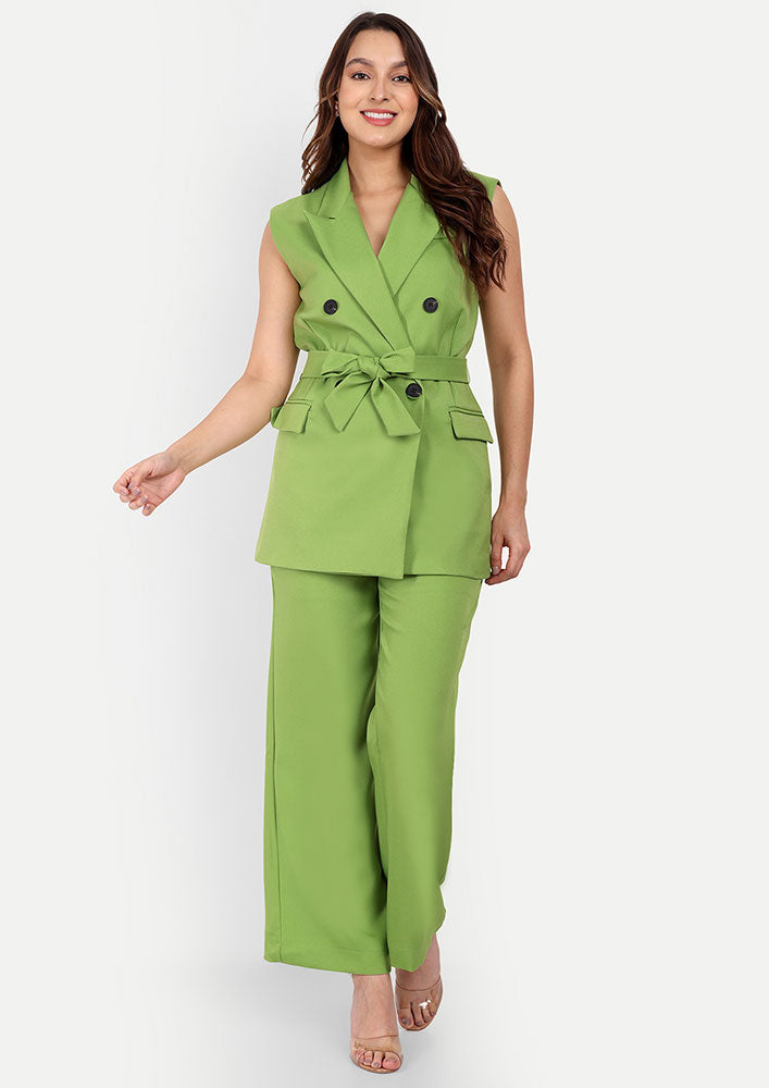Green Double Breasted Lapel Collar Sleeveless Blazer With Straight Pants