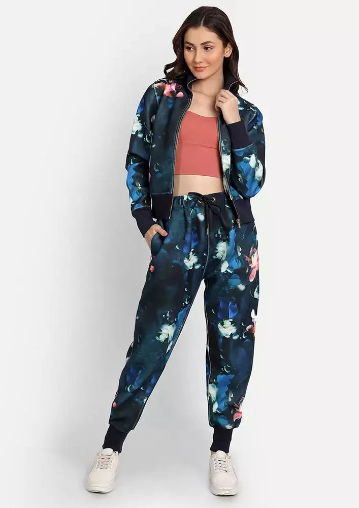 Blue Floral Print Scuba Jogger Set IKI CHIC Private Ltd