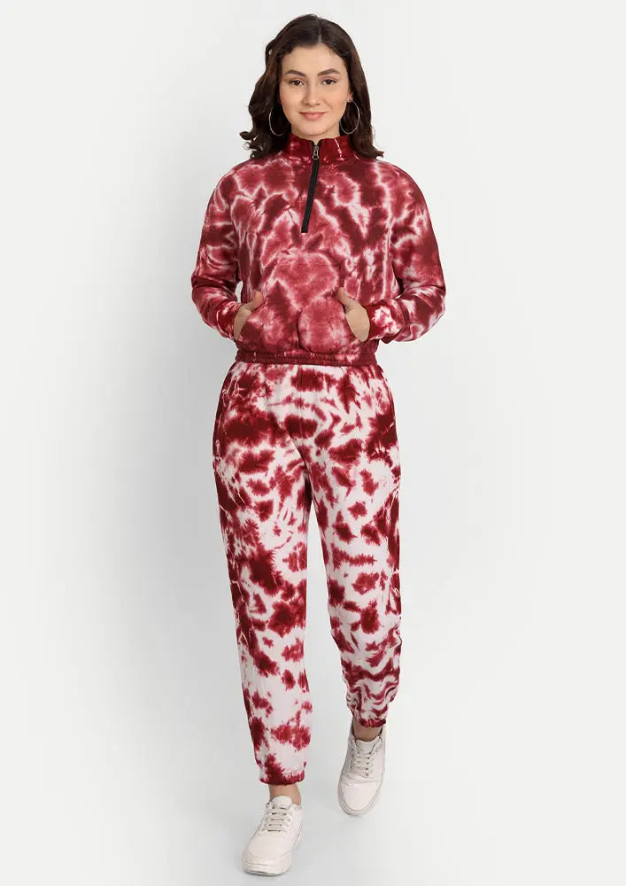 Red-White Zip-up Turtle Neck Tie-Dye Jogger Set IKI CHIC