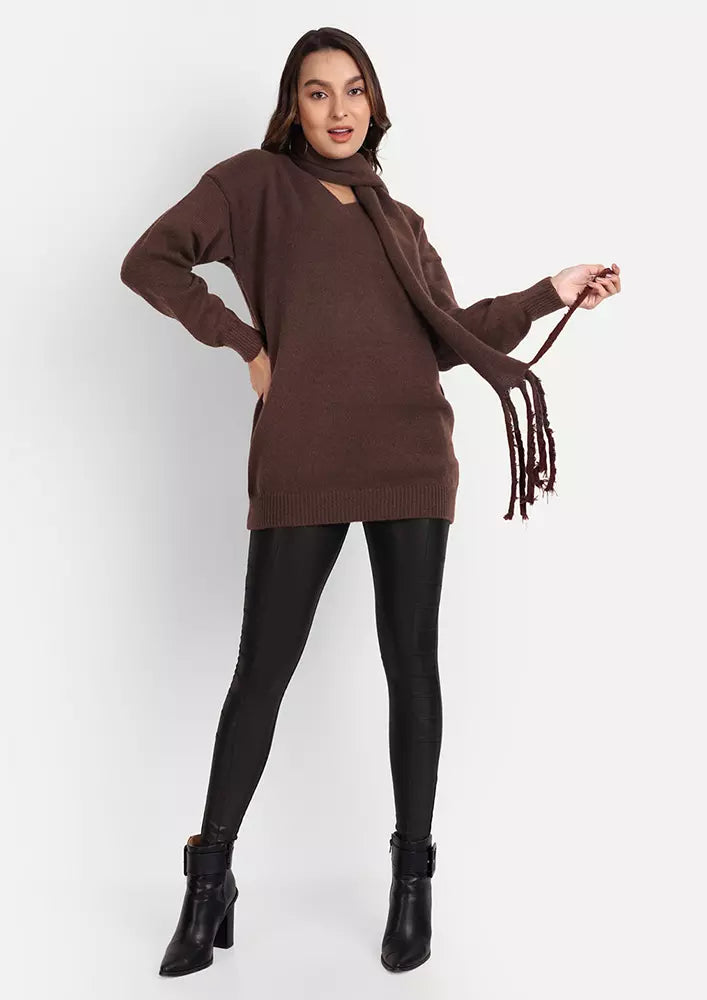 Brown Oversized V-Neck Sweater With Muffler