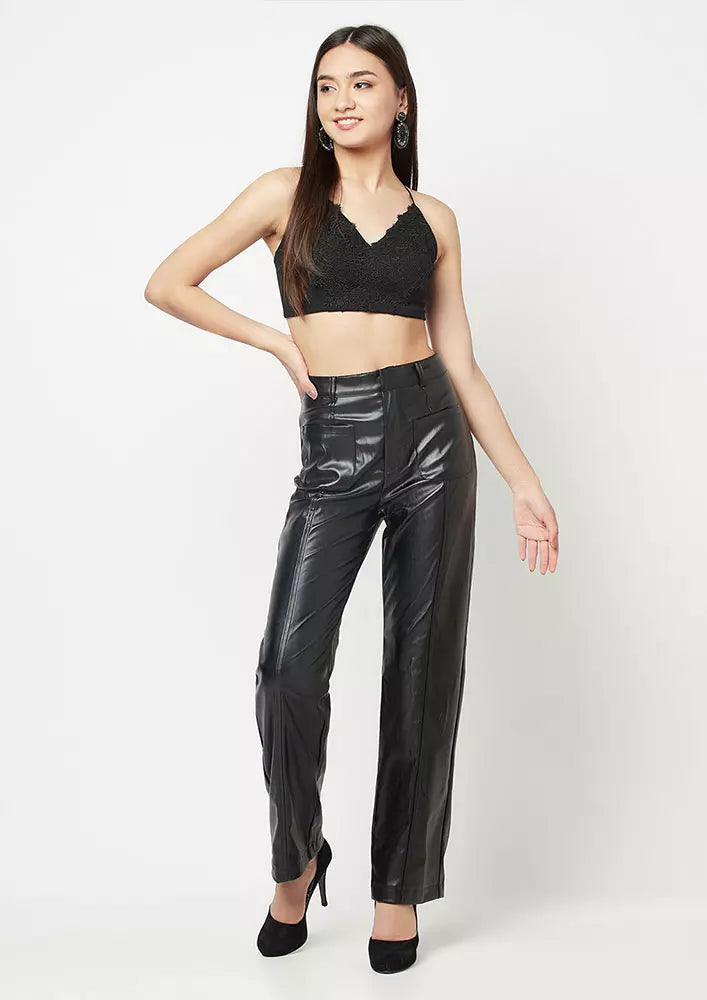 BLACK FAUX LEATHER PINTUCK DETAIL STRAIGHT LEG PANTS IKI CHIC Private Ltd