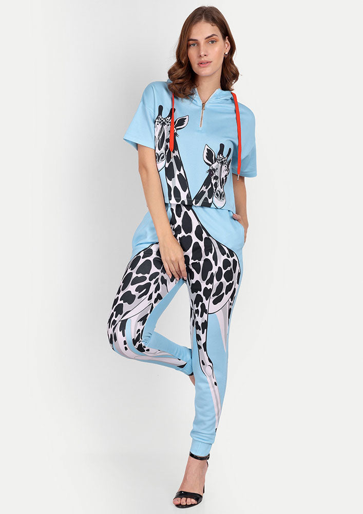 Blue Giraffe Print Zip-Up Hooded Crop Sweatshirt And Joggers Set