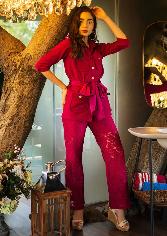 Viva Magenta Linen Shirt With Golden Button Detailing And High Waisted Lace Pants IKI CHIC Private Ltd