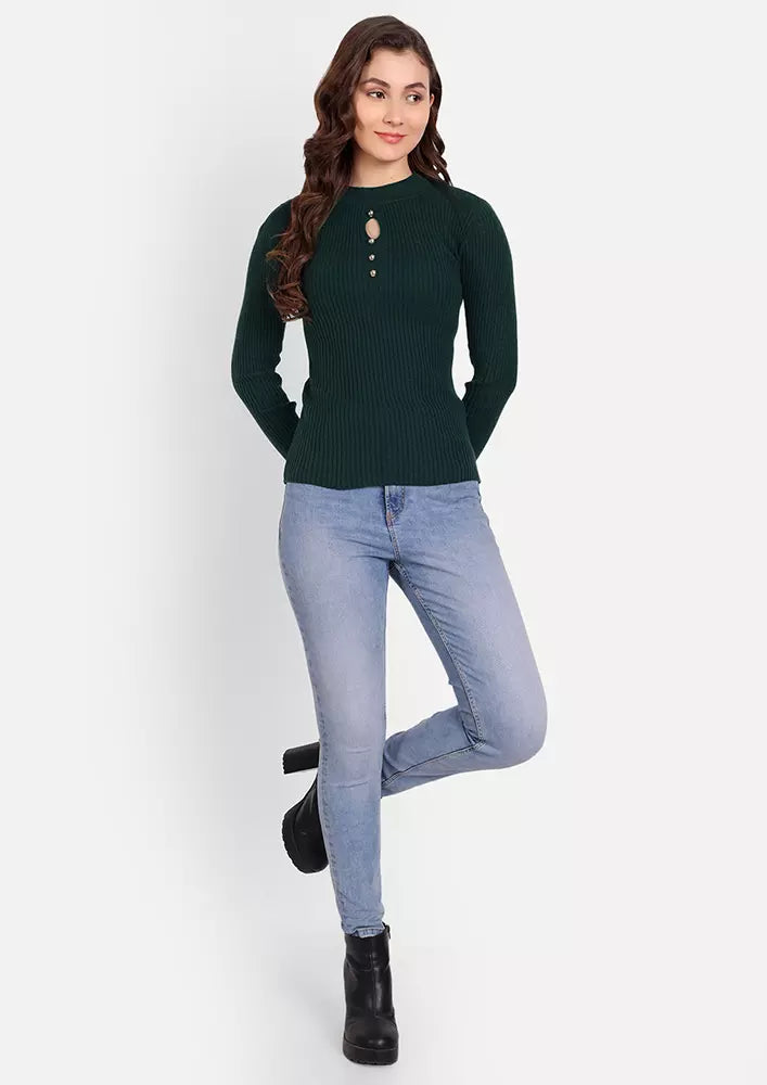 Bottle Green Crew Neck Sweater With Cutout Detailing & Golden Buttons