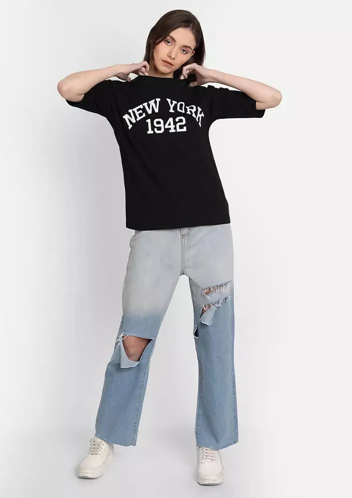 Black Printed Oversized Short Sleeve T-shirt IKI CHIC Private Ltd