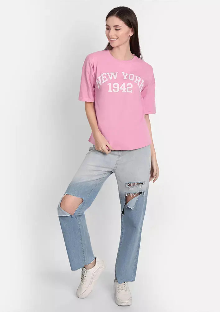 Pink Printed Oversized Short Sleeve T-Shirt IKI CHIC Private Ltd