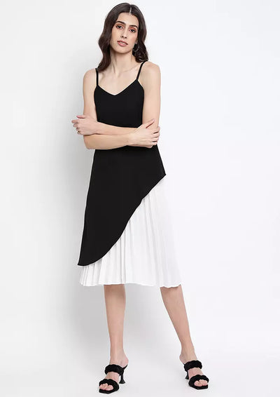 Black Strappy Colorblocked Pleated Midi Dress