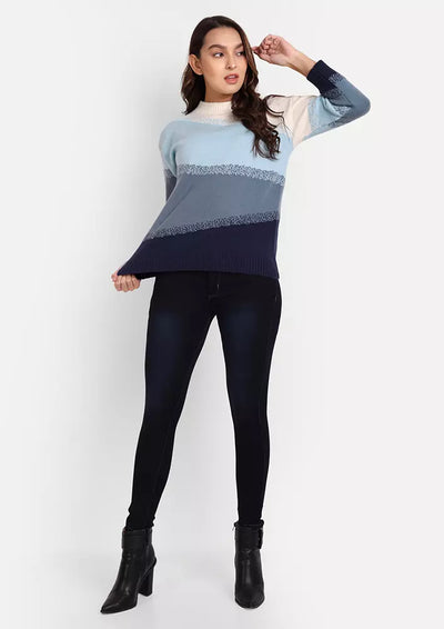 White & Blue Colorblock Knitted Pullover Sweater