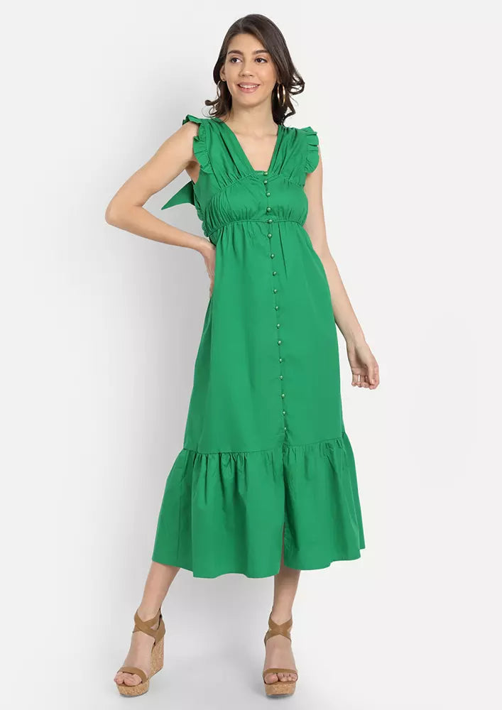 Green Women V-neck Gather Hem Midi Dress