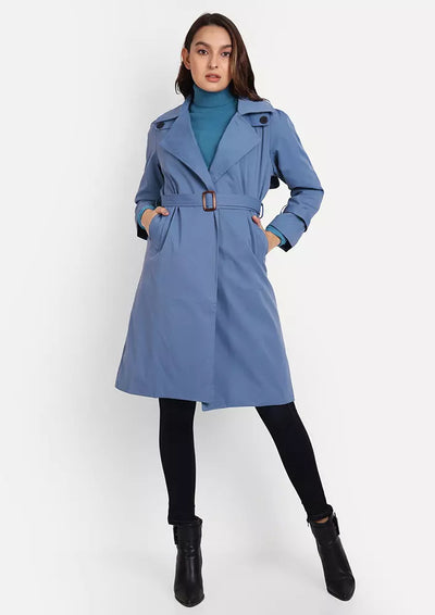 Blue Belted Double Breasted Longline Trench Coat