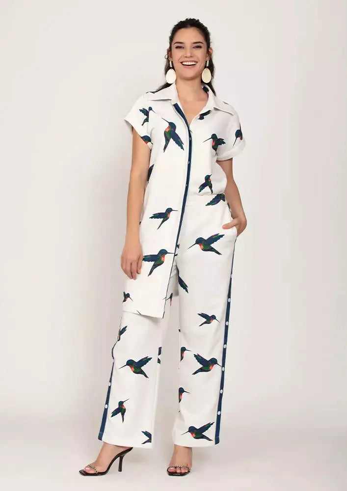 Bird Print Oversize Asymmetric Shirt And Wide Leg Pants Set IKI CHIC Private Ltd