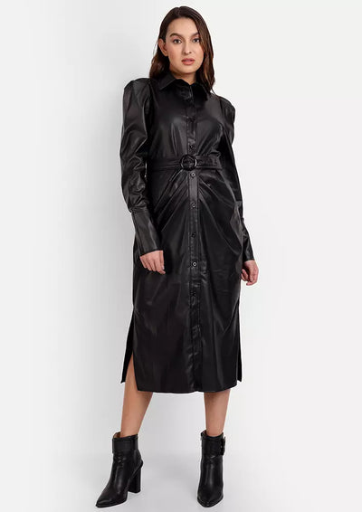 Black PU Leather Button Detail Long Sleeve Midi Dress