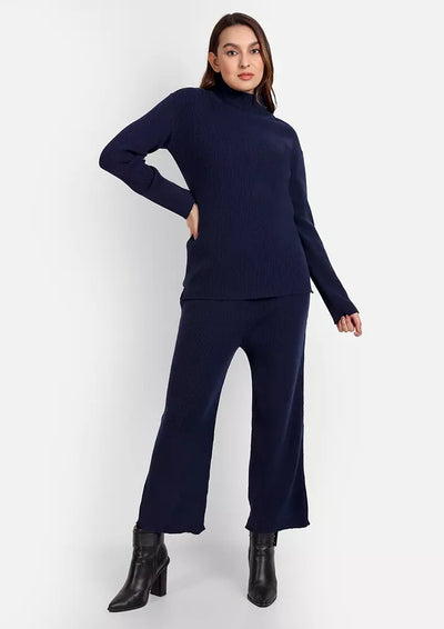 Navy Blue Knitted Sweater With Pants & Jacquard Knitted Cape