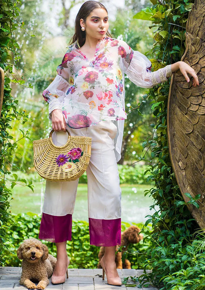 Organza Floral Print Oversize High-Low Top With Wide-Leg Pant Set IKI CHIC Private Ltd