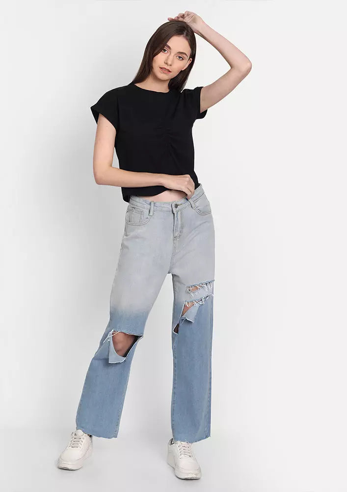 Black Front Gathered Short Sleeve Top