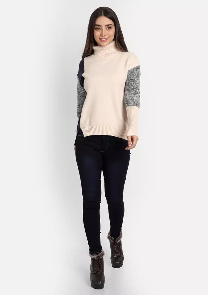 Blue & Cream Colorblock Highneck Jumper