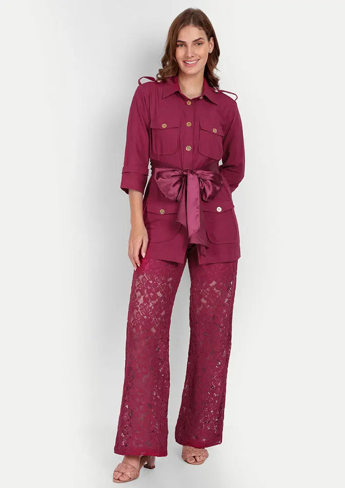 Viva Magenta Linen Shirt With Golden Button Detailing And High Waisted Lace Pants IKI CHIC Private Ltd