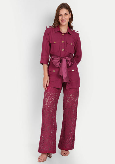 Viva Magenta Linen Shirt With Golden Button Detailing And High Waisted Lace Pants