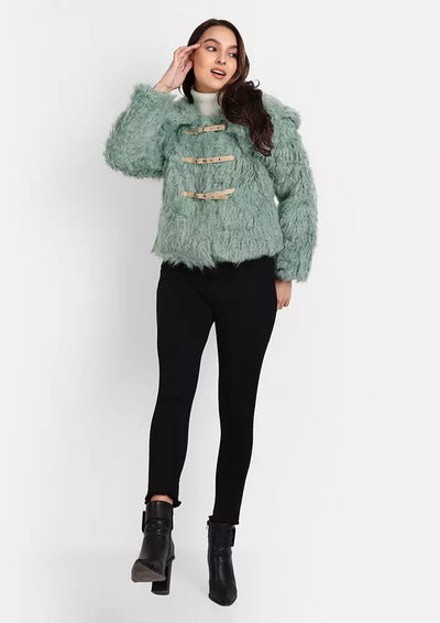 Sea Green Faux Fur Short Jacket With Leather Buckles