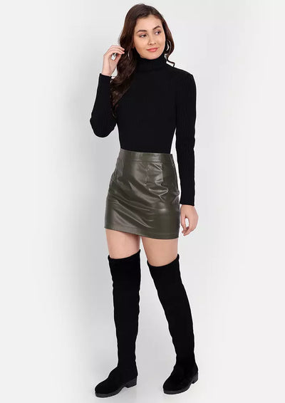 Olive PU Leather Mini Skirt With Side Zipper