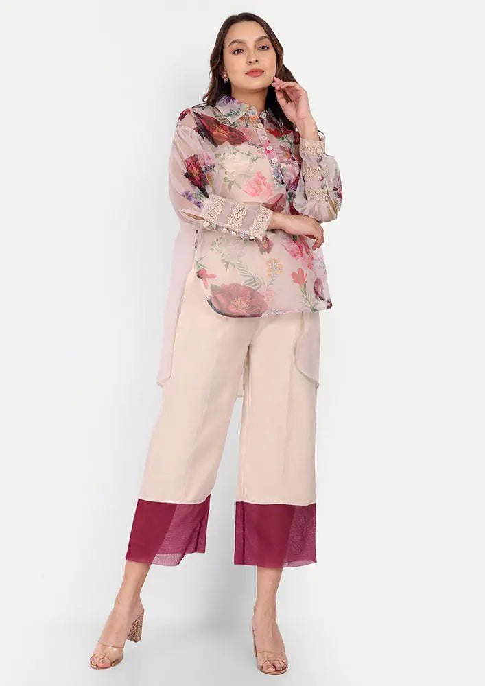 Organza Floral Print Oversize High-Low Top With Wide-Leg Pant Set IKI CHIC Private Ltd