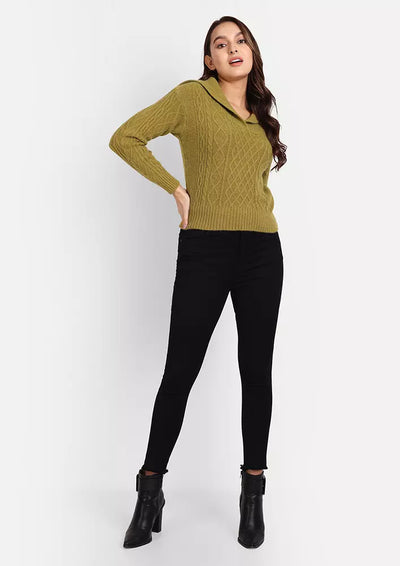 Khaki Cable Knit Sweater With Large Lapel Collar