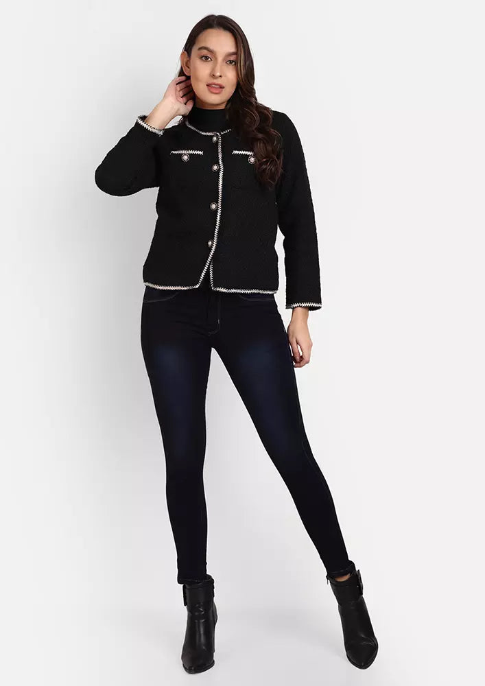 Black Tweed Front Button-Up Short Cardigan