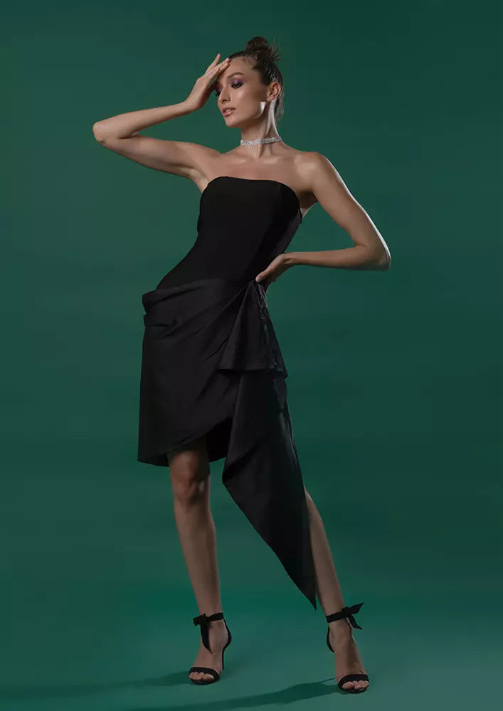 Black Tube Bodycon Satin Drape Mini Dress