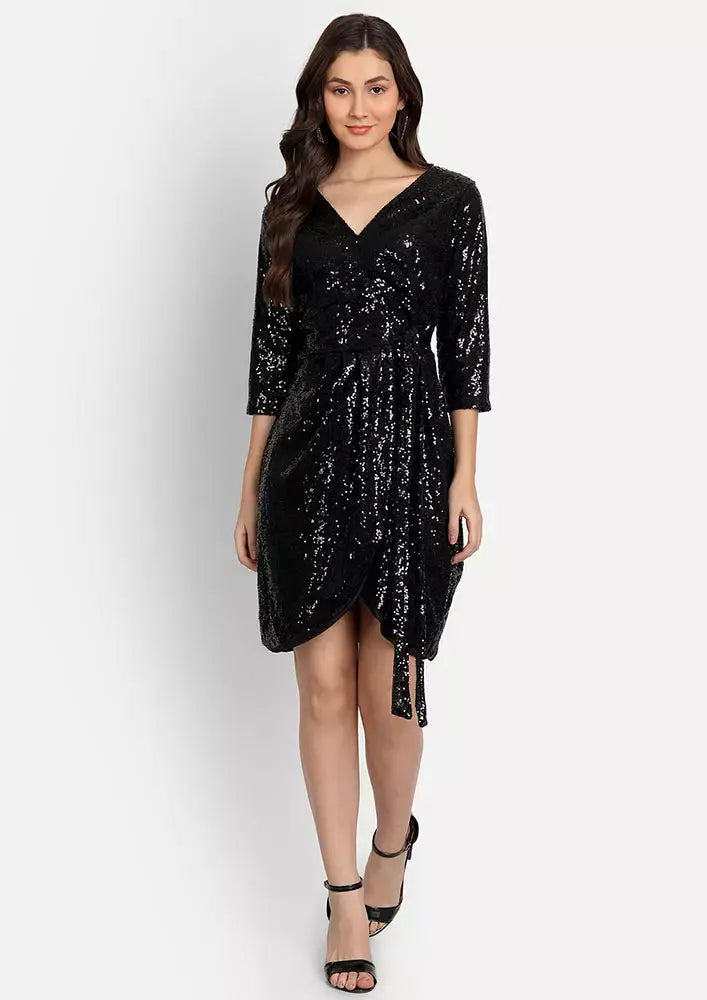 V-Neck Wrapover Front Tie-Up Black Sequin Dress IKI CHIC