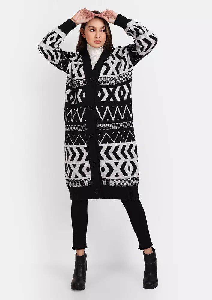 Black & White Midi Length Knitted Cardigan In Geometric Pattern
