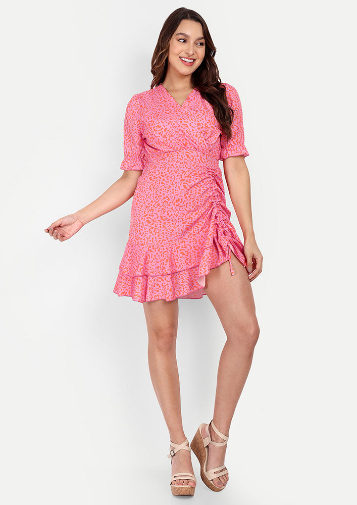 Pink Printed Wrap Style Mini Dress With Ruched Detailing