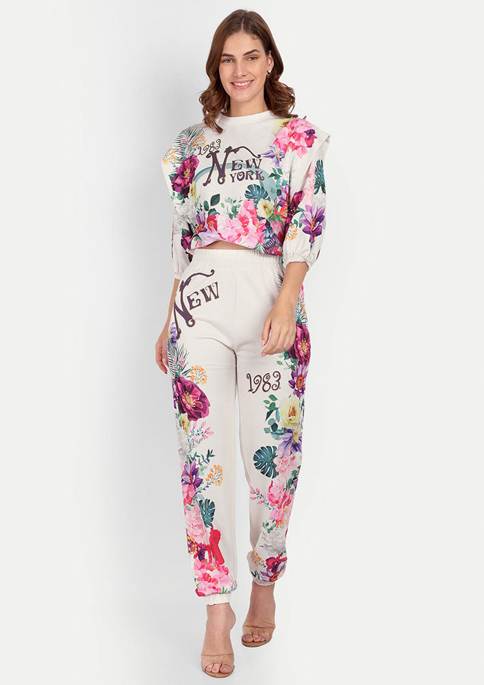 Floral Print Round Neck Crop Top And Joggers Set