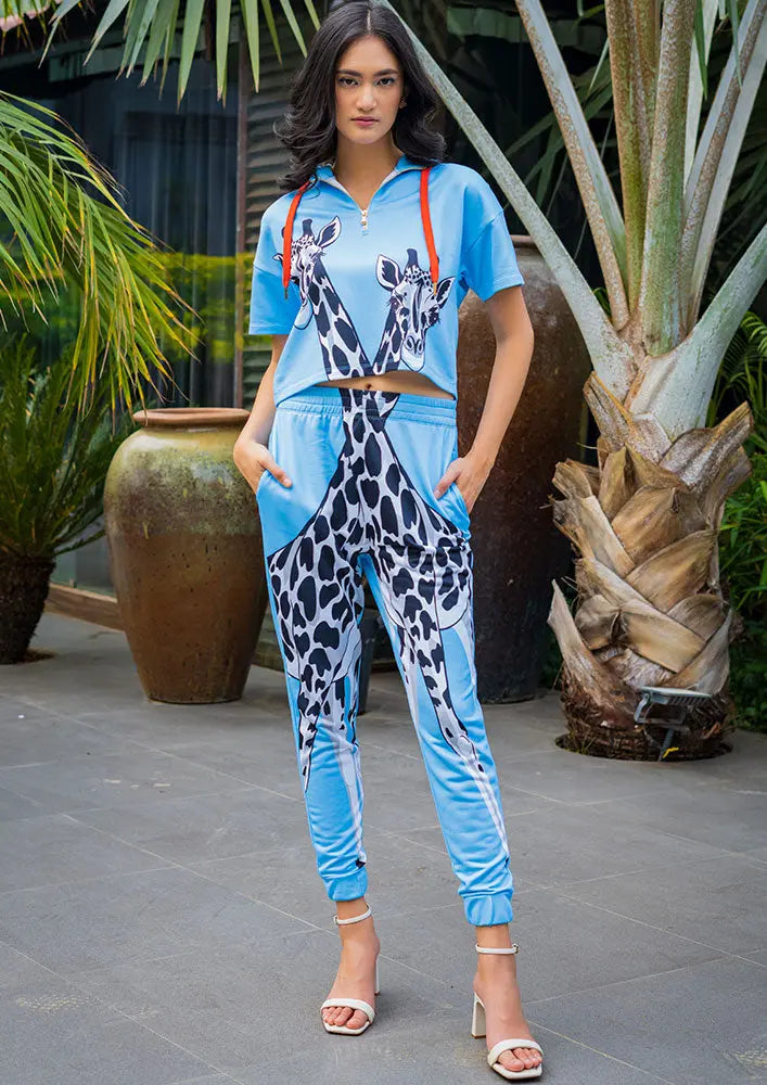 Blue Giraffe Print Zip-Up Hooded Crop Sweatshirt And Joggers Set IKI CHIC Private Ltd
